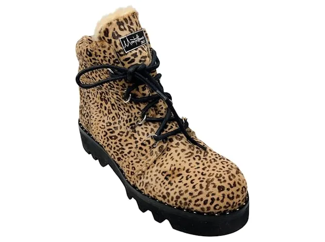 Autre Marque Stivali in pelo di vitello con stampa leopardata marrone / tan, foderati in shearling, Montelliana 1965 Cammello