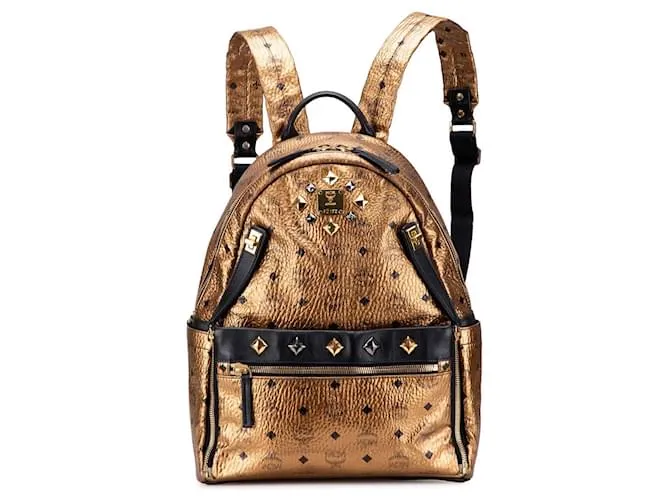 MCM Zaino Stark piccolo in tela metallica Visetos dorata con borchie Nero D'oro