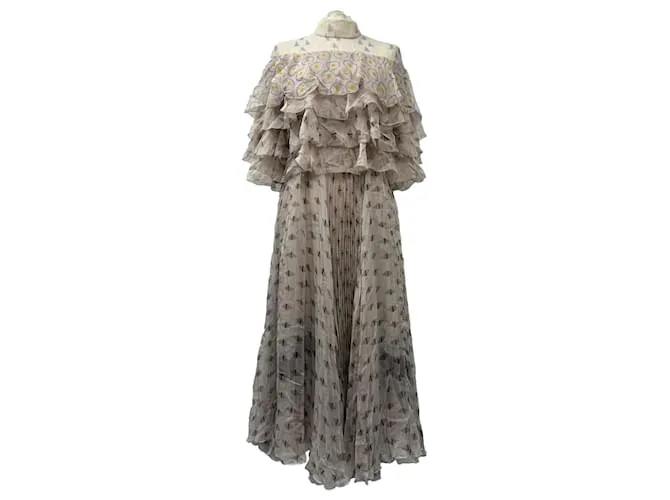 Valentino Garavani Abito Midi Plissettato in Seta Beige Valentino