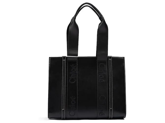 Chloé Borsa tote media in pelle nera con logo ricamato in legno Nero