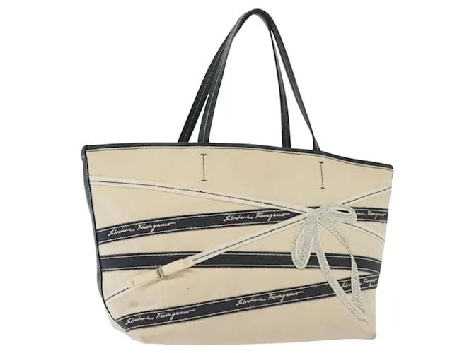 Salvatore Ferragamo Borsa Tote Vala Vala in tela beige navy argento autentica BA4763 Blu navy