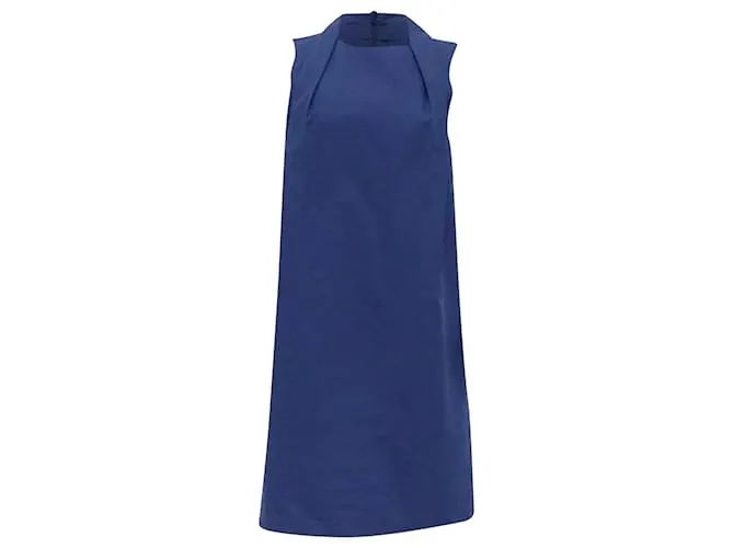 Abito Mini Plissettato con Collo a Barca in Cotone Blu di Brunello Cucinelli