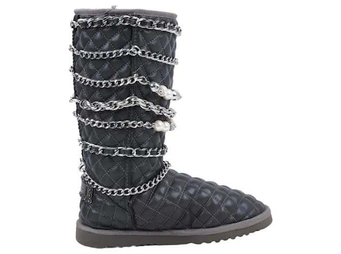 Stivaletti in pelle Philipp Plein con accessori in metallo argento e catene a forma di teschio, taglia 37 EU Grigio