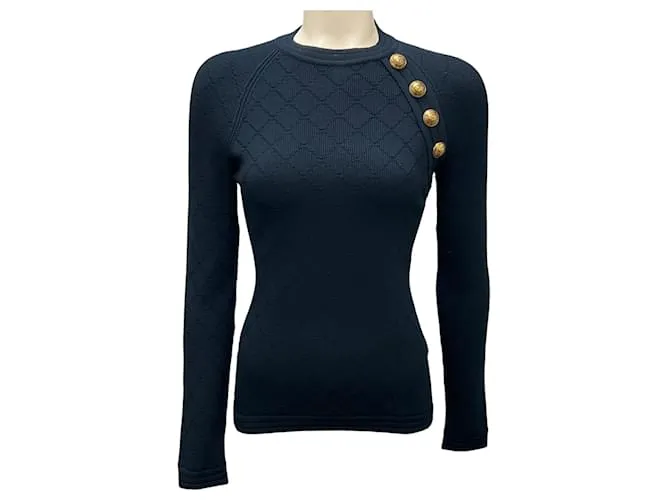 Balmain Maglione a maniche lunghe Bottega Veneta blu navy / dettaglio del bottone dorato