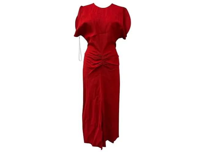 Abito midi in crepe rosso con maniche a sbuffo di Victoria Beckham