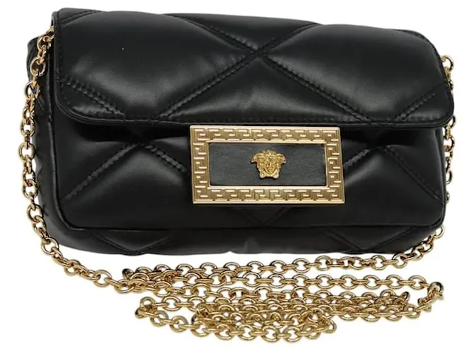 Versace Borsa a spalla a catena in pelle nera e oro Auth 136648 Nero D'oro