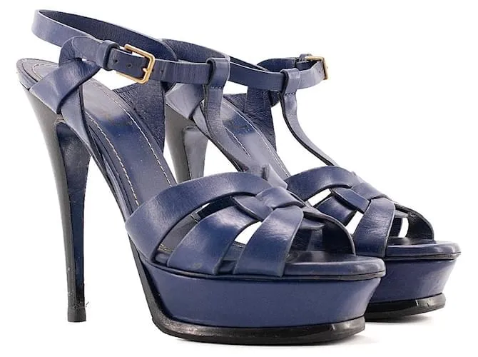 SAINT LAURENT - Sandali con piattaforma Tribute Saint Laurent in pelle blu navy (T38.5)