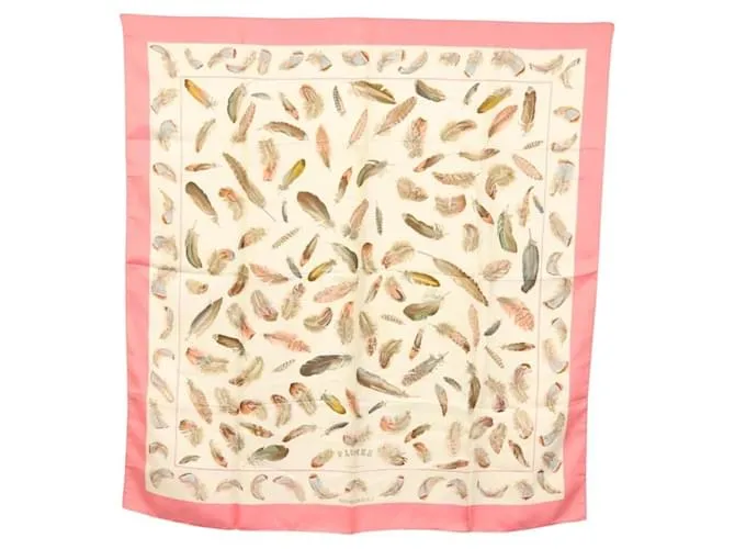 Hermès Foulard HERMES Carre 90 ""PLUMES"" in seta rosa Auth BA4794