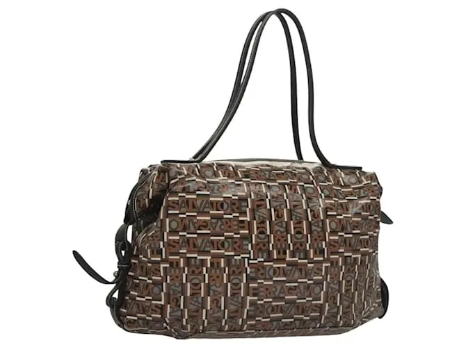 Borsa a Mano Salvatore Ferragamo PVC Marrone Argento Auth 133394