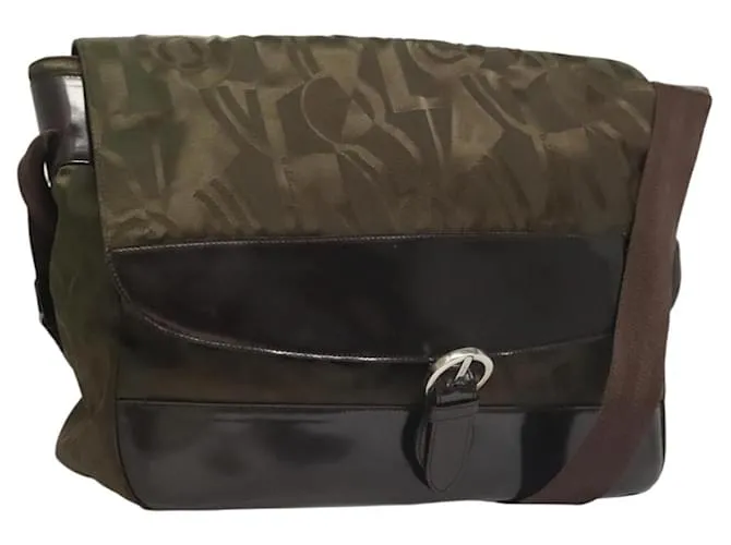 Borsa a Spalla Salvatore Ferragamo Nylon Smaltato Khaki Argento Autentica bs28133 Cachi