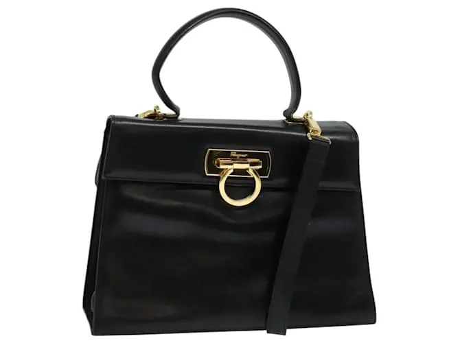Borsa a mano in pelle Gancini Salvatore Ferragamo 2 in 1 Nero Oro Auth 137421 D'oro