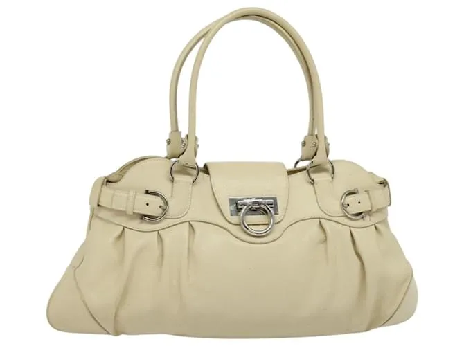 Borsa Tote Gancini in pelle beige e argento di Salvatore Ferragamo Auth 137173