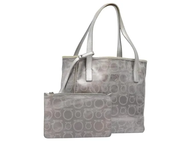Borsa Tote Gancini in Pelle Argento Salvatore Ferragamo Auth 137002