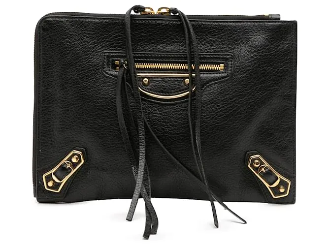 Clutch Balenciaga in capra nera Motocross con bordo metallico Nero
