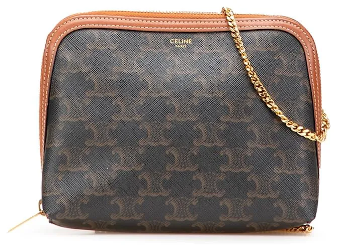 Céline Clutch Celine Triomphe in tela rivestita marrone con catena Marrone scuro