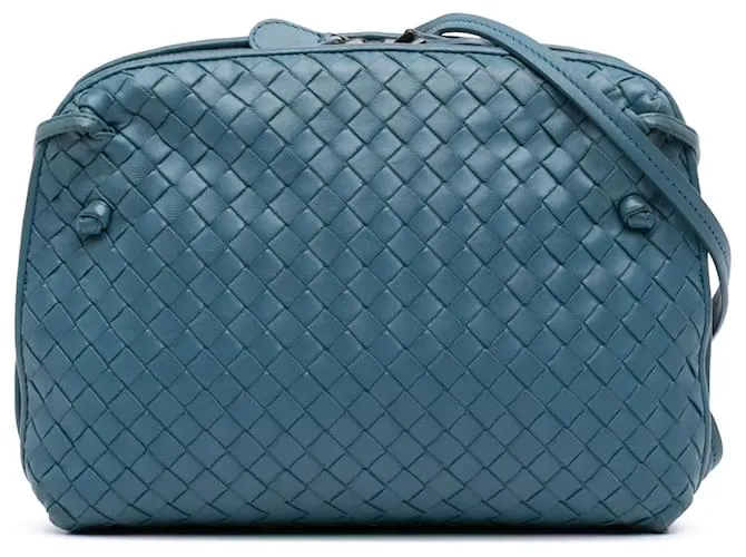 Bottega Veneta Borsa a Spalla Doppia Zip Nodini in Nappa Intrecciato Blu Turchese