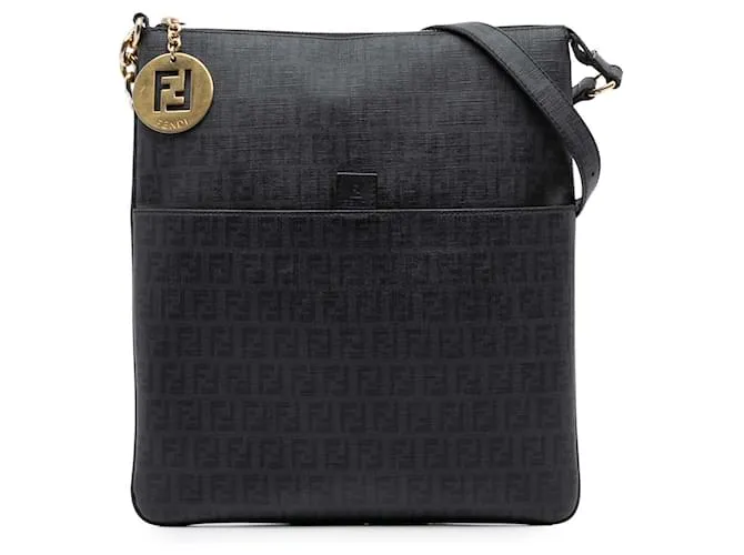 Fendi Charm Zip Crossbody in Tela Rivestita Zucchino Nera Nero