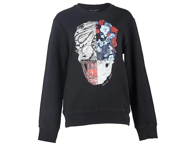 Felpa in cotone nero con motivo patchwork teschio di Alexander McQueen