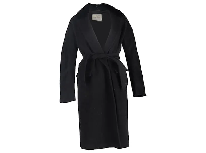 Cappotto avvolgente con cintura in lana nera e colletto in pelliccia Max Mara Nero