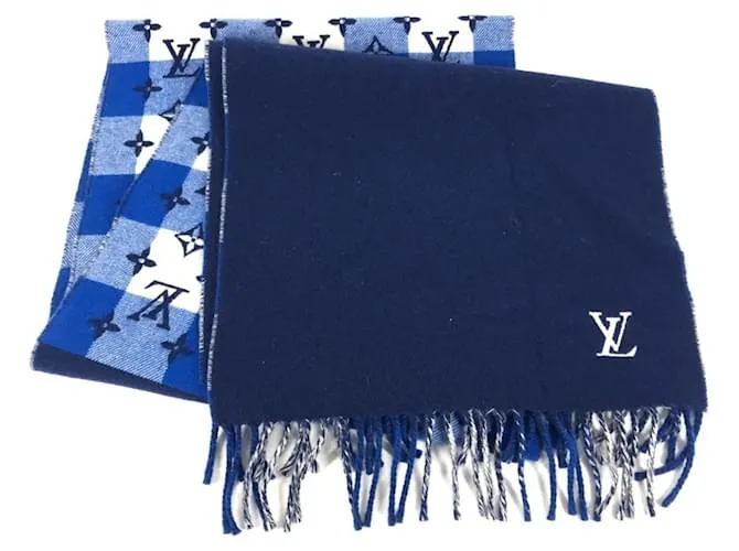 Sciarpa con frange in check monogramma Louis Vuitton Bianco Blu