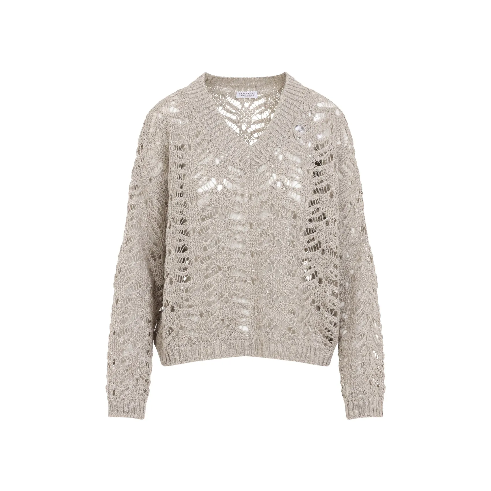 Beige Lace Effect Knit Linen Pullover