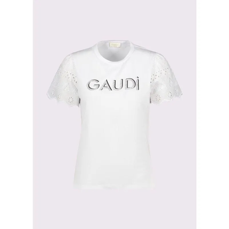T-shirt donna bianca con maniche in pizzo