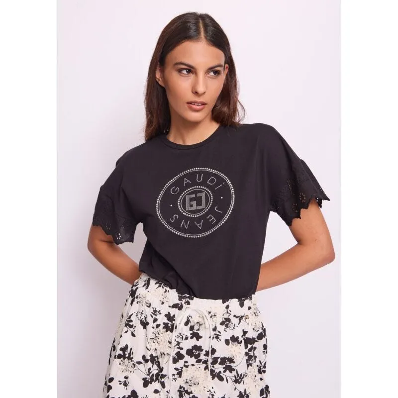 T-shirt donna nera con maniche in pizzo