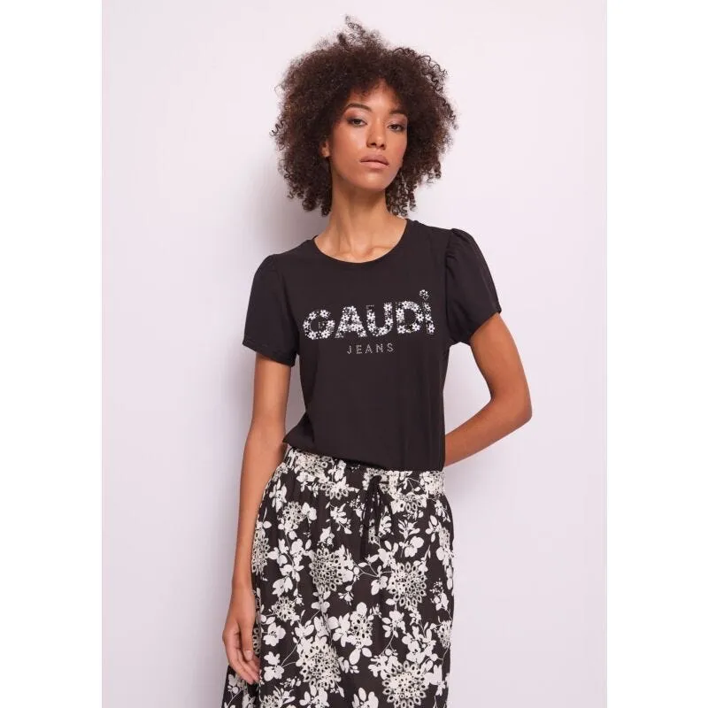 T-shirt donna nera con logo e strass