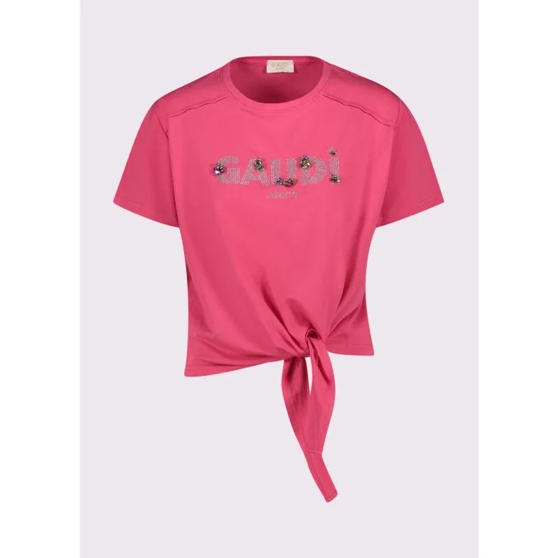 T-shirt donna rosa con logo e strass