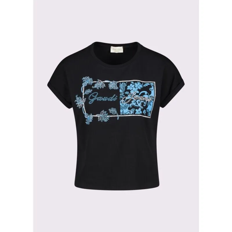 T-shirt donna nera con stampa e logo