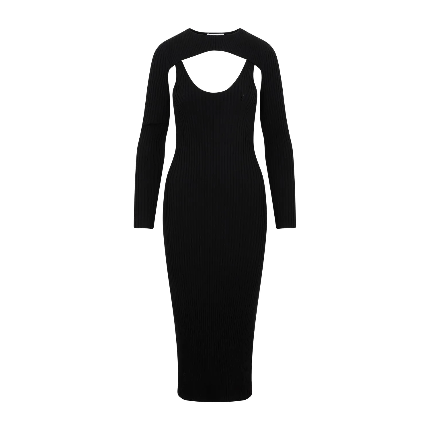 Black Wool Blend Contoured Ribs Dress