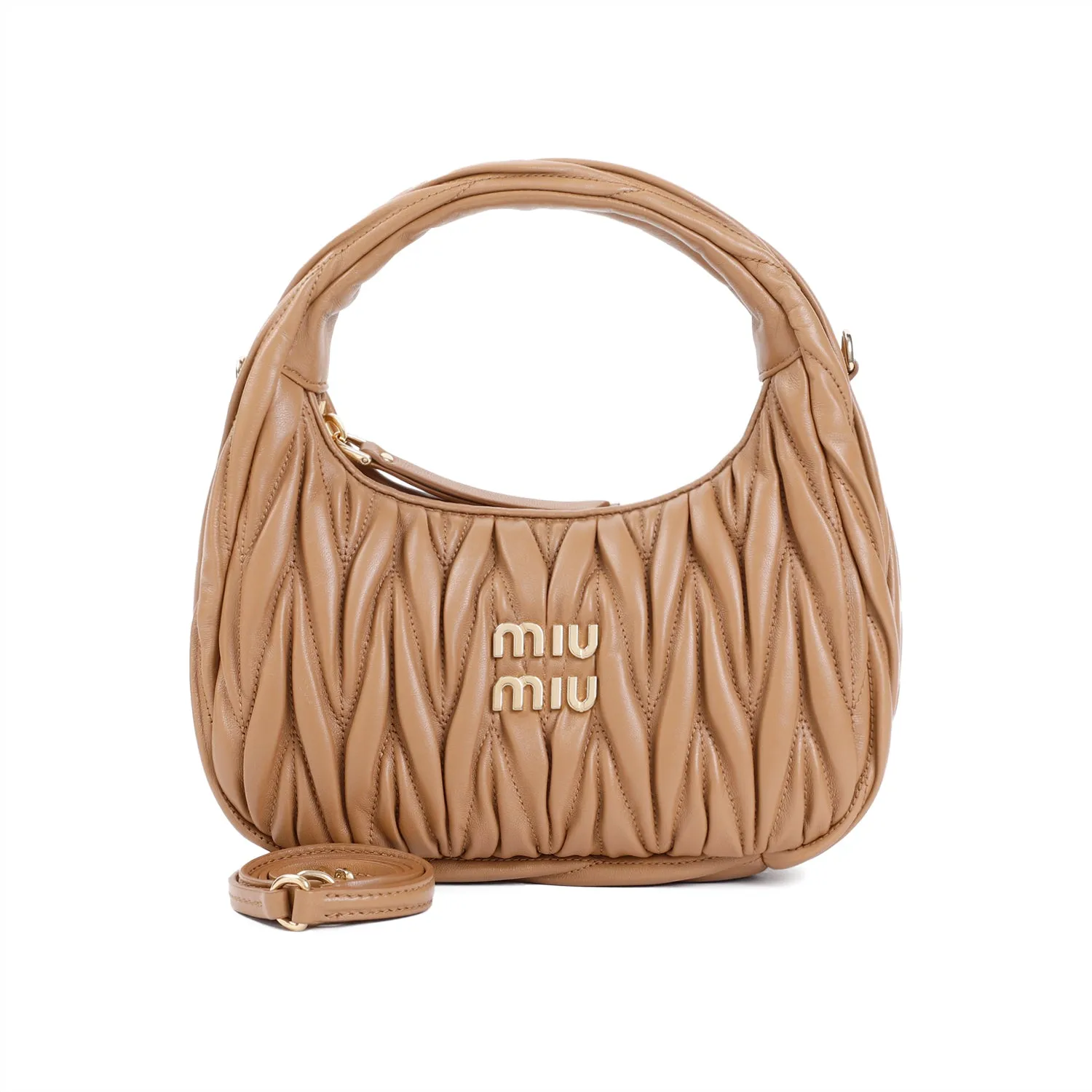 Caramel Leather Miu Wander Matelassé Hobo Bag
