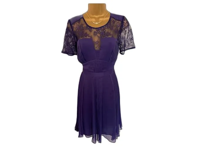 Abito da donna a maniche corte in pizzo chiffon plissettato viola Clara da donna di Whistles UK 8 Unione Europea 36 Porpora