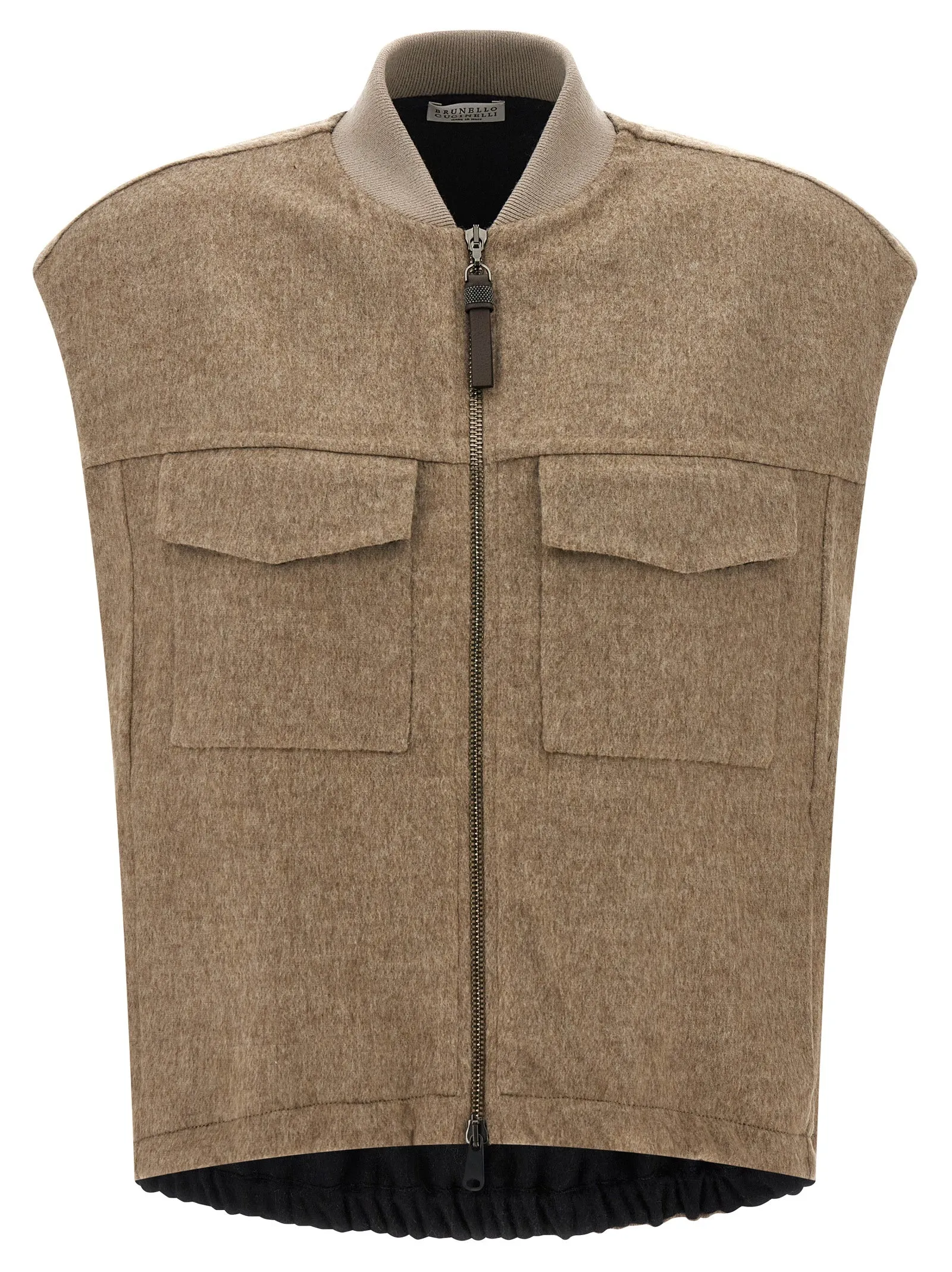 Shiny Zipper Pull Gilet Beige