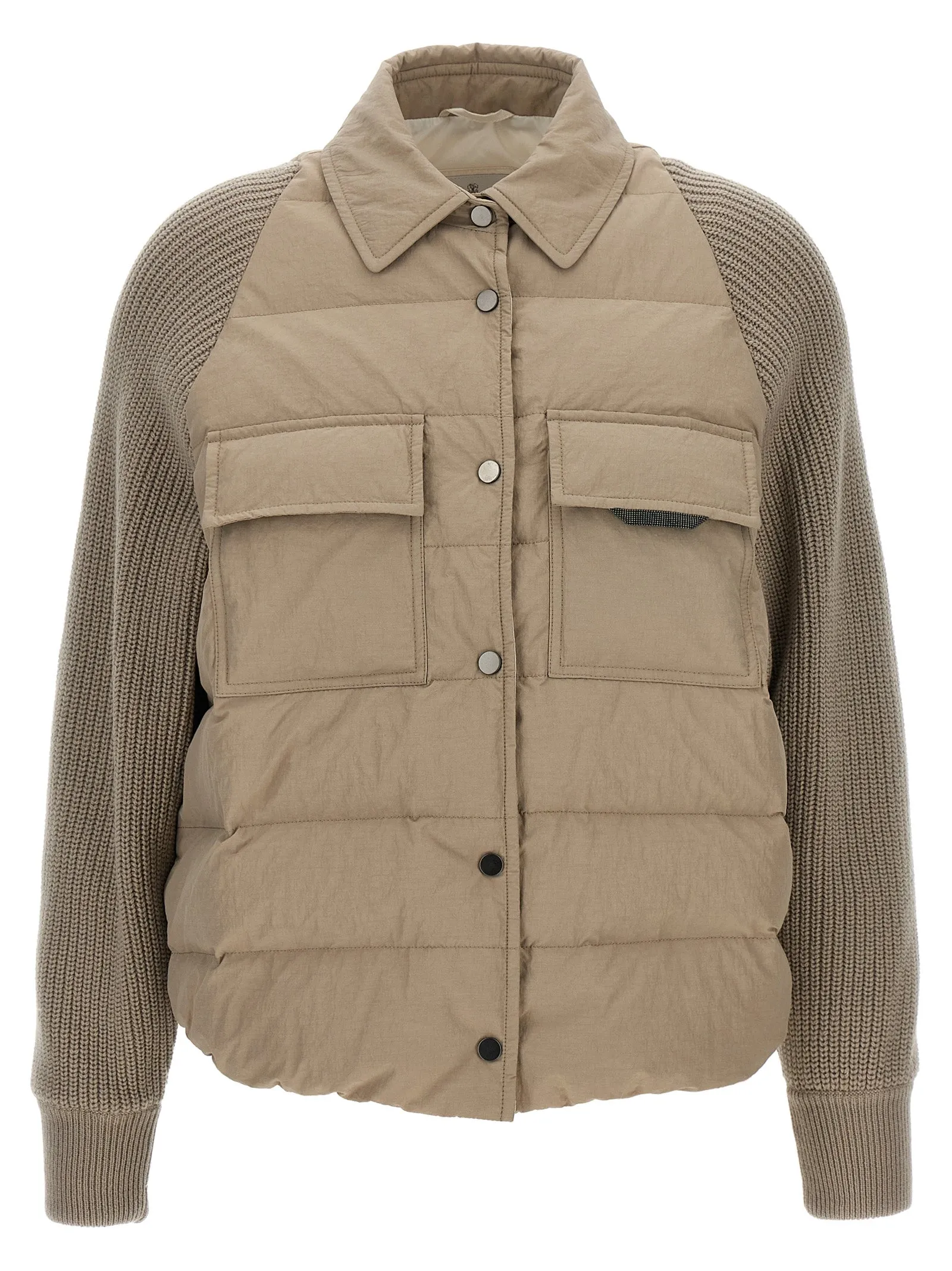 Shiny Flap Detail Puffer Jackets Beige