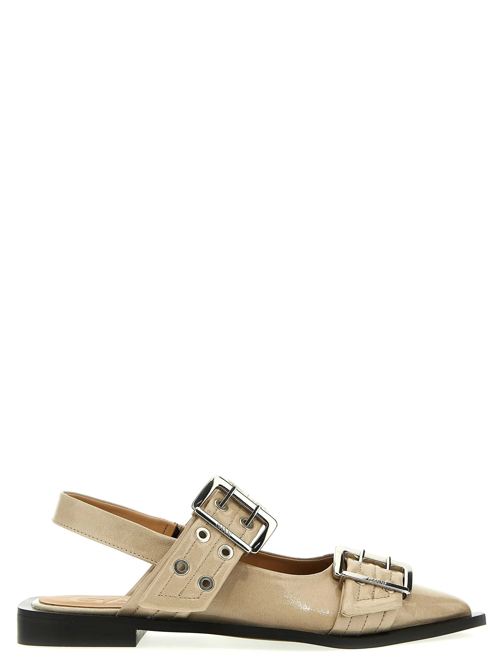 Wide Belt Buckle Flat Shoes Beige