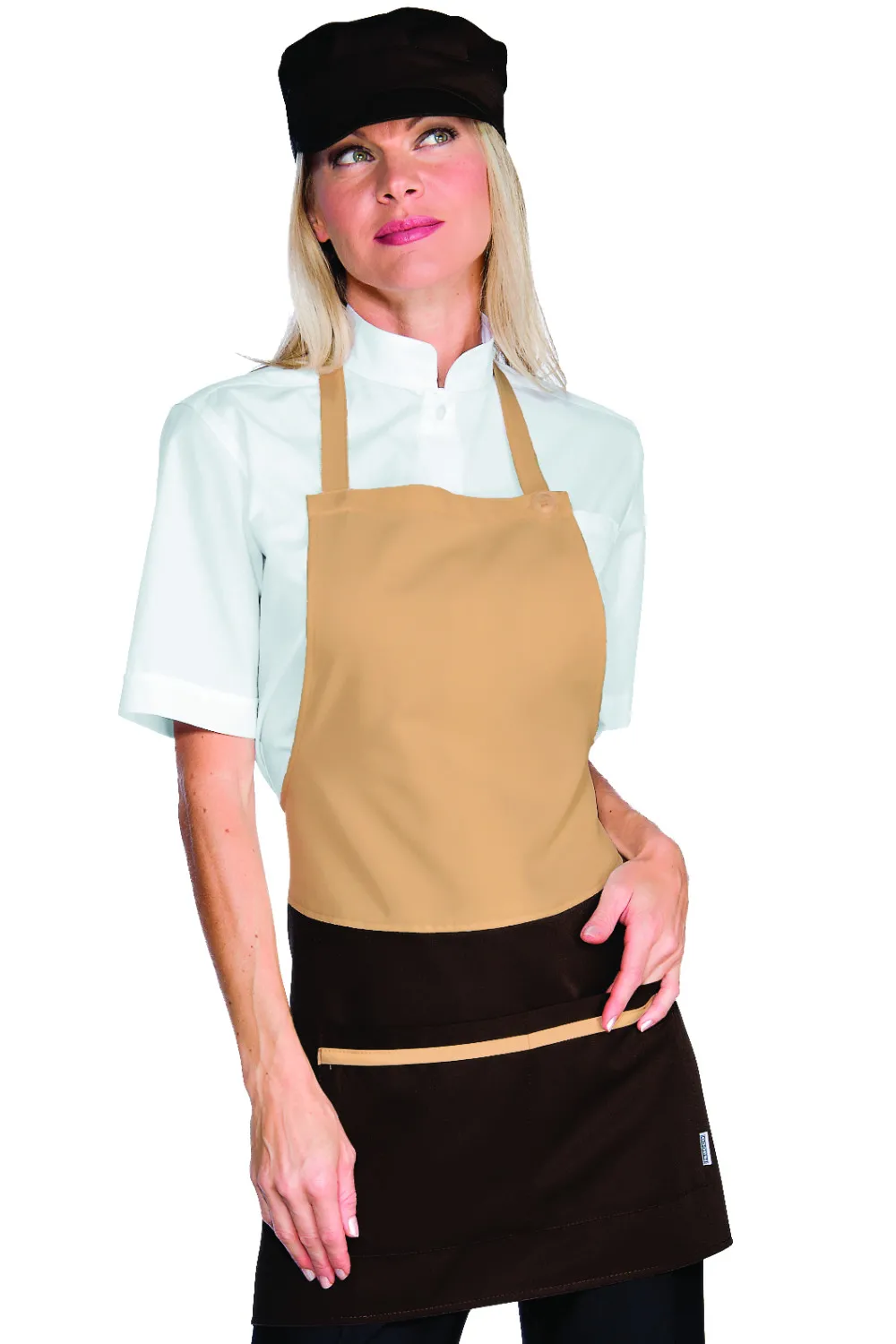 Delantal beige de mujer con peto de la marca Isacco.