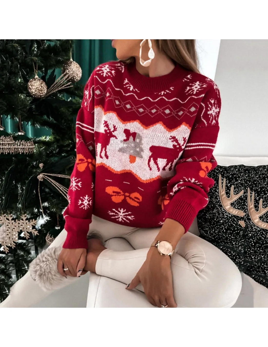 Christmas Tree Sweater Casual Round Neck Women Knitted Pullover Vintage Loose Jumper Festival Long Sleeve Top Female Swe
