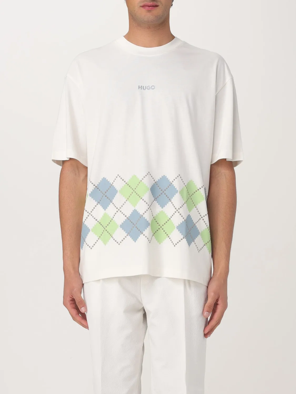 T-shirt in jersey di cotone con disegno Argyle Hugo