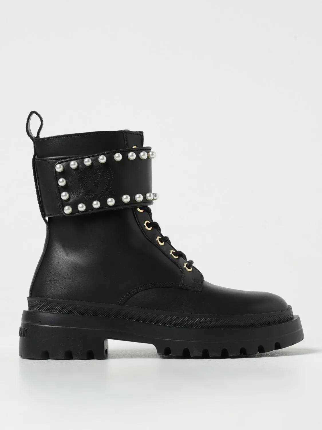 Stivaletto Love Moschino in pelle con perle sintetiche cabochon