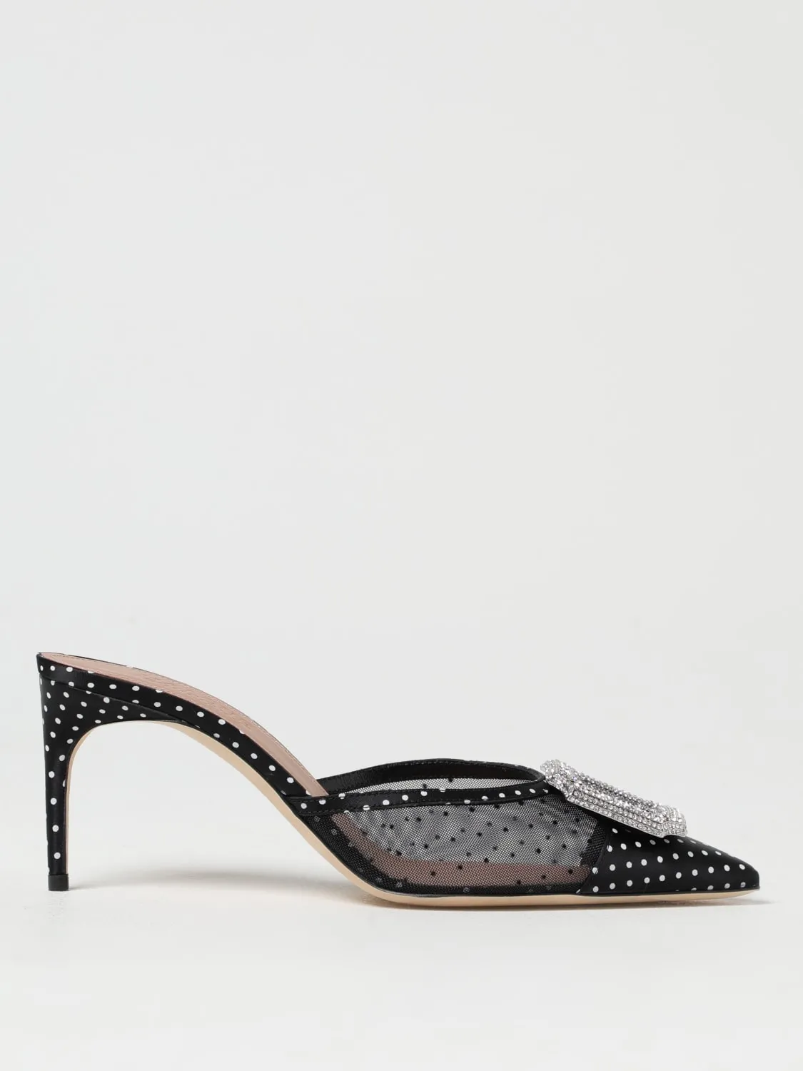 Mules Mona Malone Souliers in misto in nylon e raso a pois con fibbia gioiello