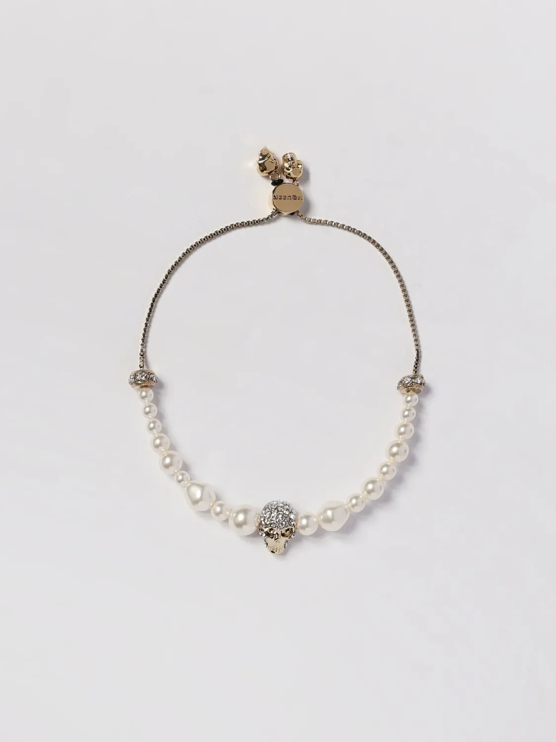 Bracciale McQueen in ottone con perle sintetiche e strass incastonati