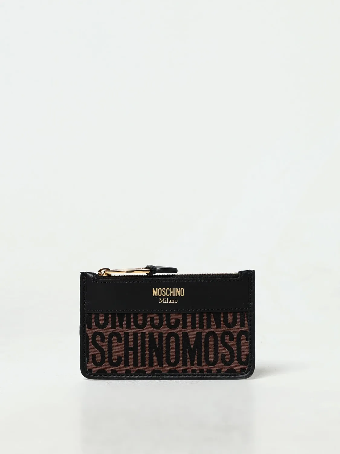 Portacarte di credito Moschino Couture in tessuto jacquard e pelle