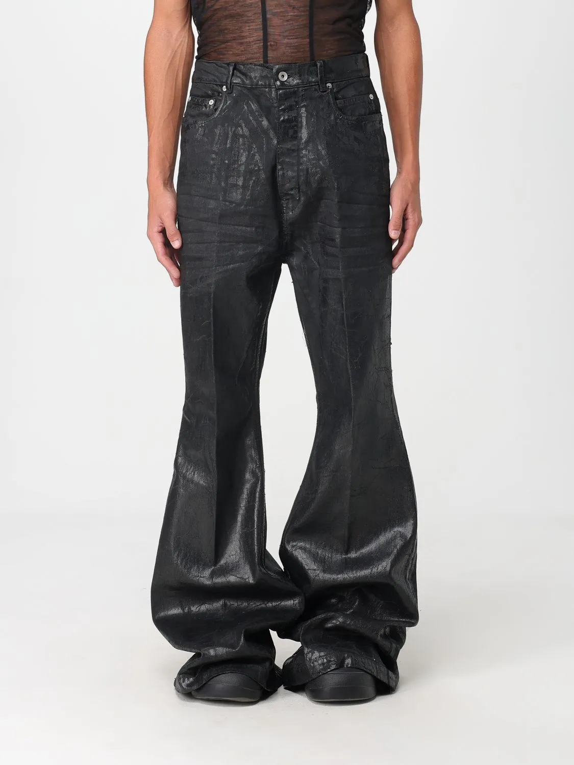 Jeans a zampa Rick Owens in denim spalmato