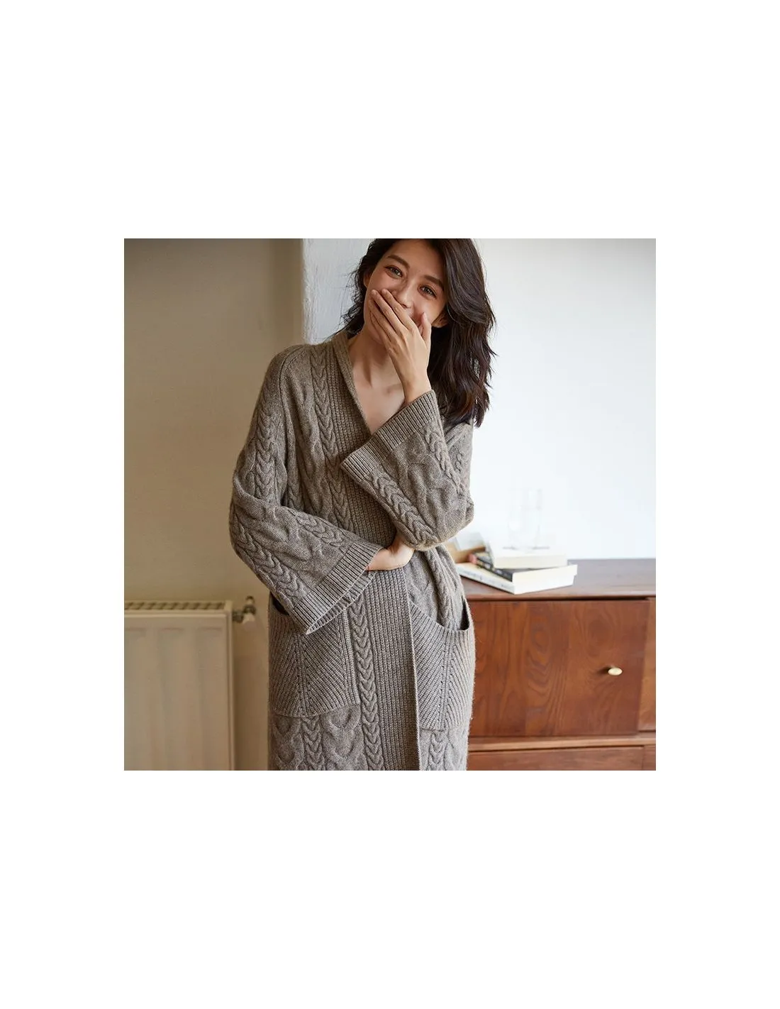 [shenghong] Nuovo stile sciolto stile pigro modello di cavo addensato cardigan in velluto di yak giacca lavorata a maglia da don