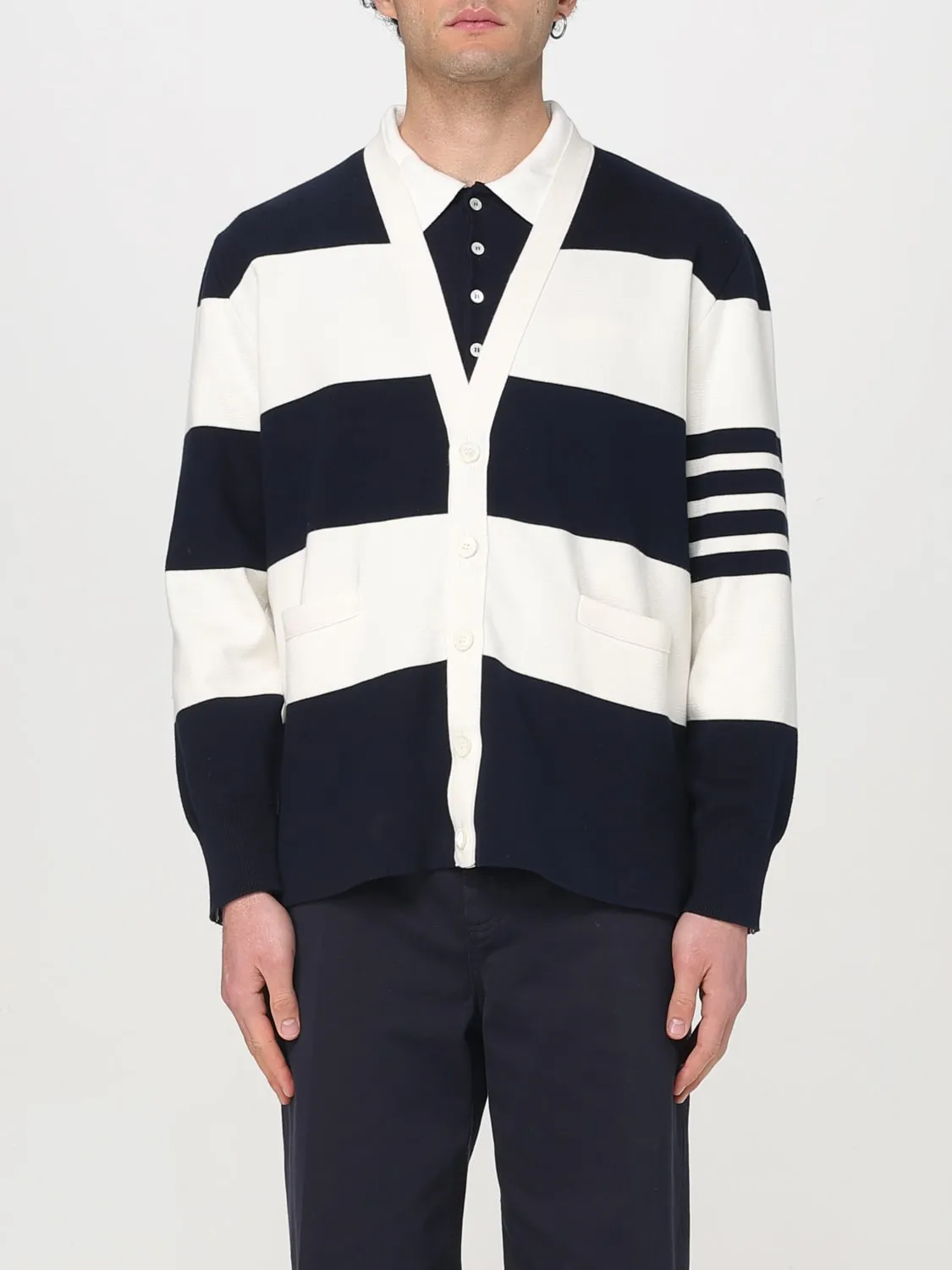 Cardigan a v Thom Browne in cotone a righe