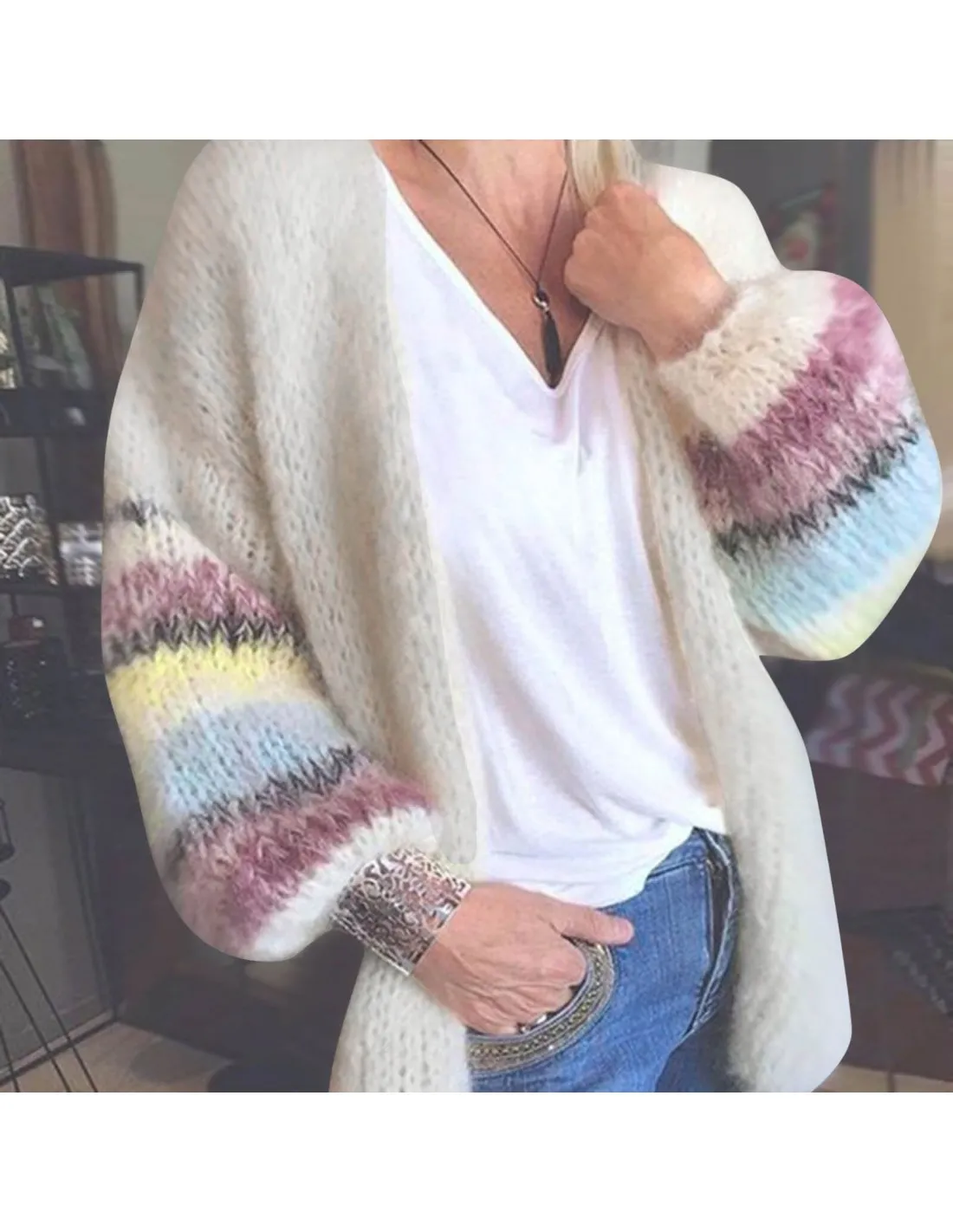 Winter Knitted Cardigan Coats Women Warm Long Sleeve Tops Loose Casual Soft Sweater Jumpers Striped Knitted Jackets Autu