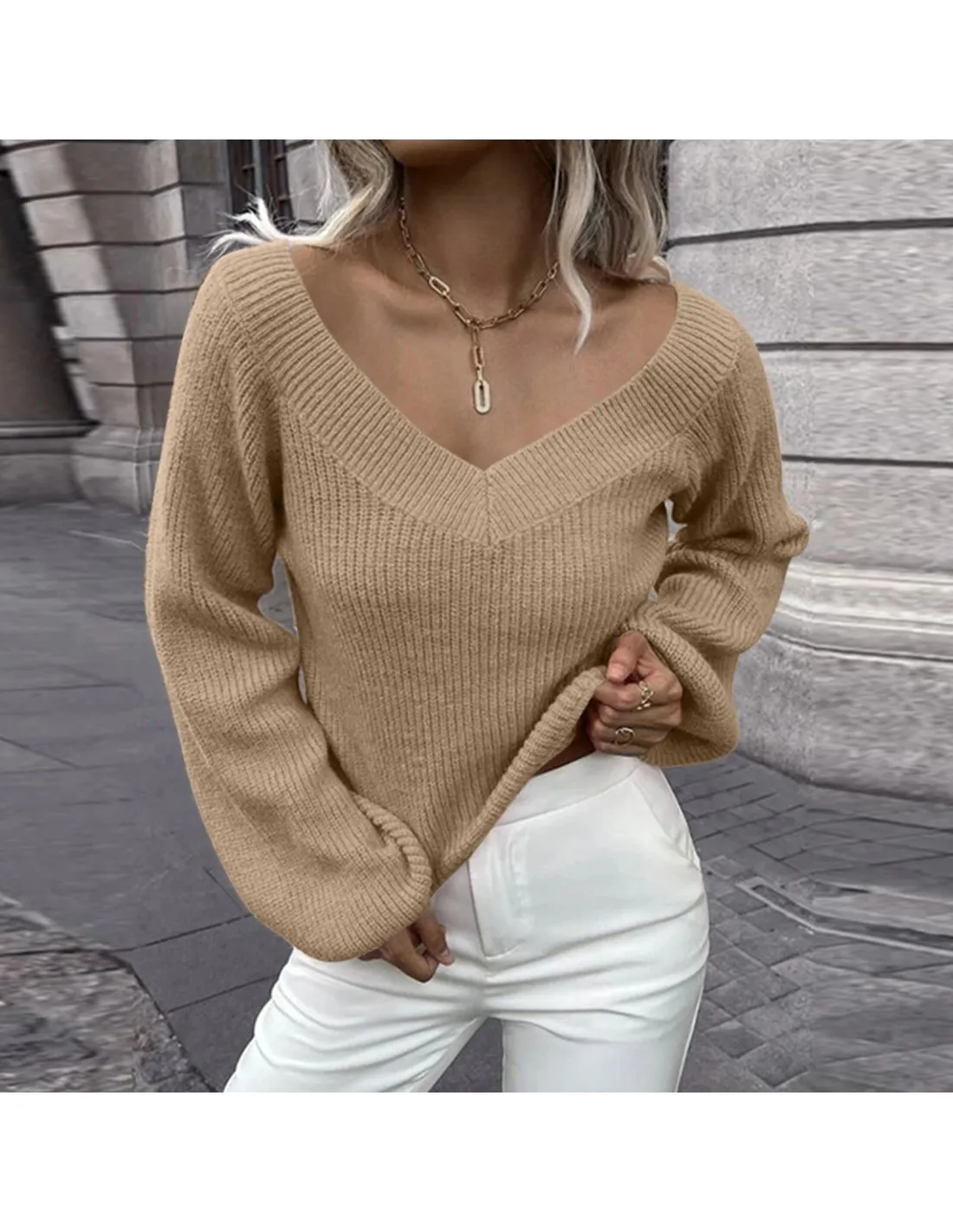 Women Fashion Solid Color Long Sleeve V Neck Loose Knit Pullover Sweater Women Autumn Winter Warm Knitted Sweater Pullov