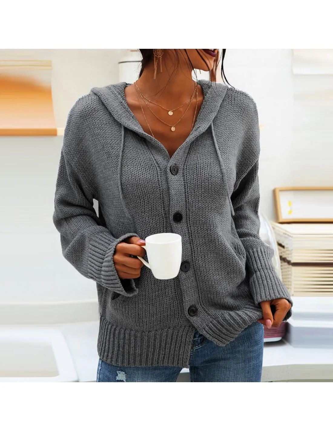 Women Knitted Cardigans Sweater Fashion Autumn Long Sleeve Loose Coat Casual Button Hooded V Neck Solid Color Female Top