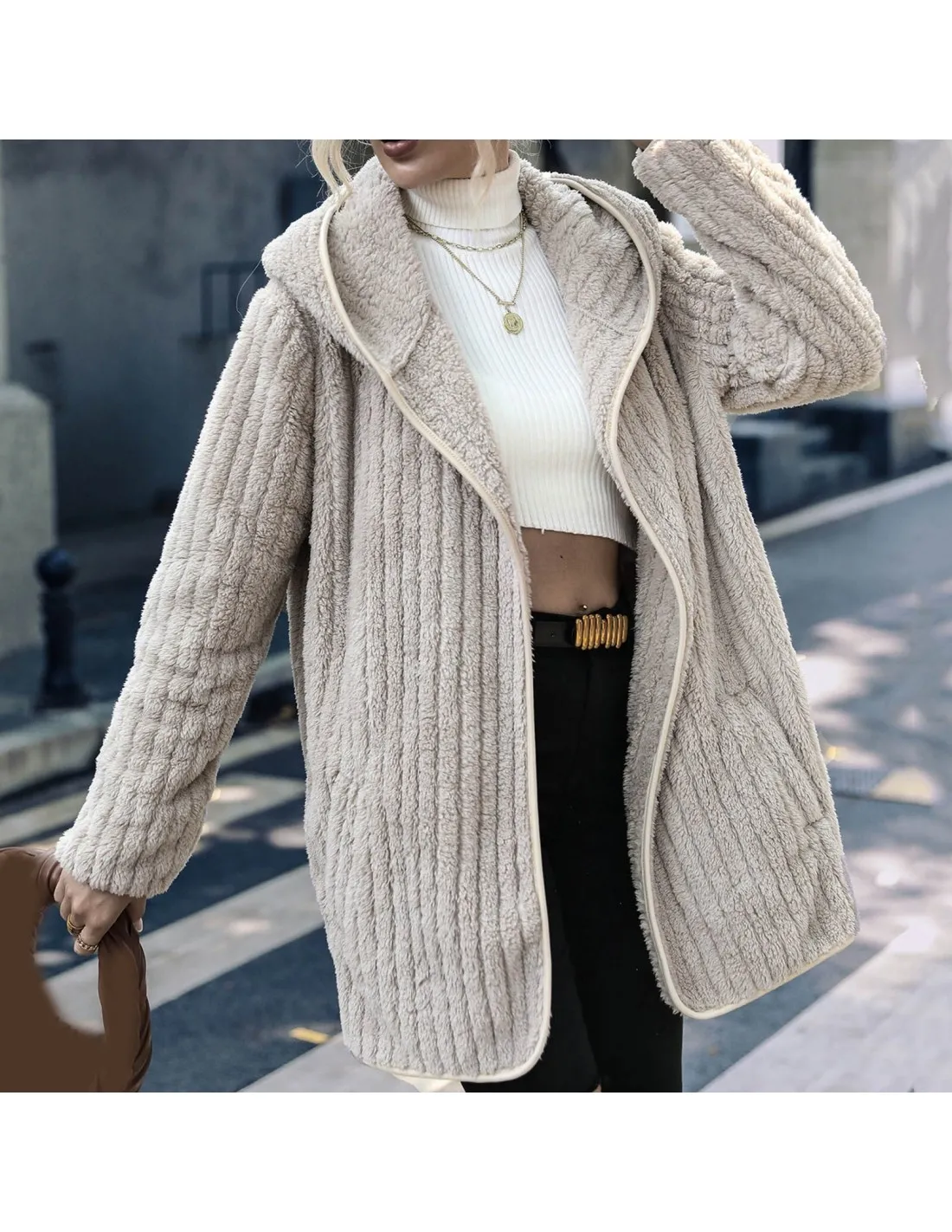 Women Long Sleeved Hooded Double Faced Plush Cardigan Coat Solid Zipper Outerwear Autumn Winter Thick Warm Jackets For W